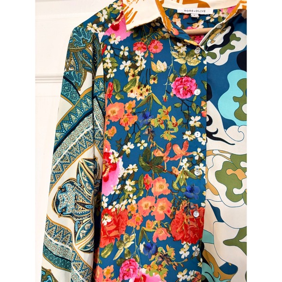 Rose and Olive Patchwork Floral Geometric Print Long Sleeve Button Up Shirt L - Picture 2 of 8